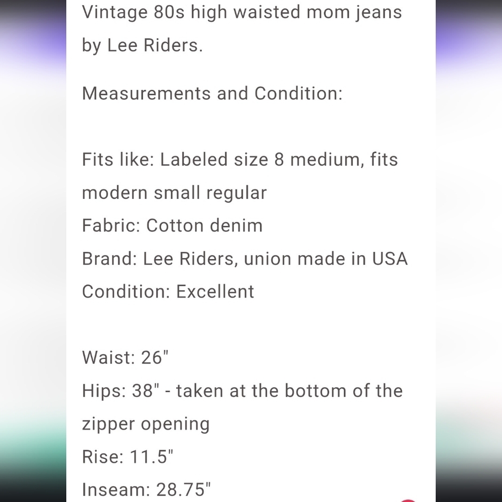 Vintage LEE Riders Classic Blue Women's Jeans Long Moms High Waist 80s - Picture 11 of 12